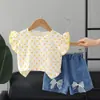 Conjunto de verão para meninas novo estilo western manga borboleta roupas de verão infantis conjunto de shorts jeans para bebês