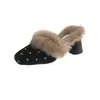 Novedad Otoño/Invierno Diadema de Piel de Lunares Medias Zapatillas Puntiagudas Tacón Grueso Tacones Altos Para Uso en Exteriores Forro de Felpa Zapatos de Moda Talla Grande para Mujer