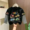 Camiseta de manga comprida 100% algodão para meninos, coleção primavera e outono 2026, novo estilo, gola redonda, roupas infantis, top com visual em camadas para bebê menino, camiseta de baixo