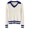 Suéter de tricô 100% algodão com gola polo color-blocking estilo francês para mulheres, novo modelo 2026, camisa base com gola de lapela, suéter que rejuvenesce