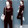 Chándal de Terciopelo Dorado de Talla Grande Nuevo Otoño Invierno Moda para Mujer Sudadera con Capucha Estilo Coreano para Mujer Conjunto Casual de Dos Piezas con Bordado