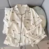 Pijama de Algodón Nube para Mujer, Verano Delgado de Manga Corta con Shorts, Dulce Conjunto Casual de Rayas Tinta para Casa que se Puede Usar Afuera