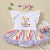 Nuevo Verano Transfronterizo Traje de Fiesta de Cumpleaños para Bebé Niñas Vestido a Cuadros de Color Manga Volante Traje con Diadema