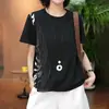 Camiseta de manga corta de retazos de malla de algodón de 21 piezas para mujer, top negro moderno de verano, talla grande, adelgazante y que oculta la barriga