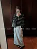 Suéter de tricô listrado color block estilo coreano para mulheres, primavera e outono, estilo old money, top de manga longa com gola polo de modelagem solta