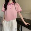 Polo Transfronteiriça Doce de Cor Contrastante Ombro Direito Manga Curta para Mulheres Verão Estilo Coreano Tamanho Grande Curta Cintura Alta Top Versátil