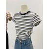 Camiseta Rayada Estilo Americano para Mujer, Bloques de Color, Rejuvenecedora, Mangas Cortas de Hombro Normal, Verano 2026, Corte Ajustado, Estilo Chica Picante, Top Adelgazante