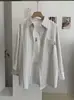 KEKEZOON Camisa de Lapela com Bordado de Cavalinho e Listra Vertical de Comprimento Médio com Manga Longa com Colete Conjunto de Duas Peças 8707