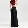 Calça Jeans Wide Leg Azul Escuro para Mulheres, Novo Outono Retrô Americano Cintura Alta Emagrecimento Solta Caimento Longo até o Chão para Mulheres