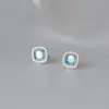 Pendientes Cuadrados Nalan de Plata de Ley S925 Incrustados con Diamantes y Aguamarina, Pendientes de Diseño Nicho Estilo Retro Artístico M08133