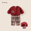 Traje para Niños Bangxuan Ropa Cálida para Bebé Invierno Nuevo Abrigo Peludo Rojo Pantalones a Cuadros Conjunto de Dos Piezas para Niñas