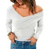 2025 Amazon Europeo y Americano Otoño e Invierno Nuevo Color Puro Cuello en V Hombros Descubiertos Manga Larga Top Cruzado Ropa de Mujer Transfronteriza