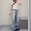 Jeans con Estampado de Rosa Rota Estilo AC Nuevo 26SS, Pantalones Rectos de Pierna Ancha Versátiles para el Trabajo Desgastados