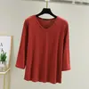 Camiseta de Modal para Mujer, Nueva de Primavera y Verano, Holgada, Color Sólido, Manga de Siete Puntos, Cuello en V, Ajustada, Camiseta Básica