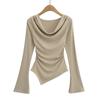 Deseo puro de viento chica caliente cuello oscilante hombro cuerno manga larga camiseta de mujer otoño 2024 pinza cintura delgada top irregular