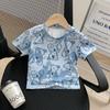 Camiseta infantil de manga curta com estampa de urso e letras soltas, nova moda para meninos de verão