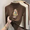 Camiseta interior base de forro polar de doble cara para niñas, nueva camiseta casual versátil con estampado de dibujos animados, camiseta de cuello alto a la moda