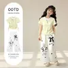 Conjunto de Duas Peças Casual de Calça de Renda com Laço para Meninas, Estilo Preppy, Moderno e Personalizado, com Top Plissado