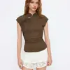 Top Feminino Y2K, Novo Estilo Chinês de Bolinhas com Gola Alta e Amarração, Camiseta Casual Retro Emagrecedora, Verão Slimming Tendência Nova Manga Curta