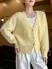 Cardigan de Punto de Lana Gruesa Cepillada Corto Otoño Invierno 2026 para Mujer, Cuello en V, Cachemir Esponjoso, Top Exterior Holgado