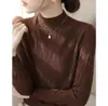 Camisa de Base Malha Fina Texturizada Cinza Meia-Gola para Mulheres 2025 Novo Outono e Inverno Suéter Super Bonito