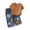 Conjunto de Top de Manga Corta de Canalé Color Caqui y Pantalones Largos de Mezclilla Estampados para Niñas, Estilo Europeo y Americano, Comercio Exterior, Verano 2026