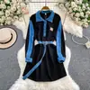 Vestido de Mezclilla Patchwork con Solapas Inspirado en Celebridades para Mujer, Otoño e Invierno, con Cinturón de Corbata, Delgado de Longitud Media, Elegante y Adecuado para el Trabajo