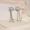 Brinco de clipe para orelha longo com franja de corrente de design multicamadas, conta redonda, temperamento, all-match, pequeno brinco de diamante com clipe