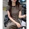 Transfronterizo una generación de verano algodón rayas temperamento delgado delgado hombro manga corta camiseta mujer talla grande ropa exterior chaqueta