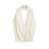 Elegante Regata Branca Sem Costas com Decote V e Gola Halter para Mulheres no Verão, Cintura Fina, Sem Mangas, Roupa Externa, Estilo Puro Desejo, Top Curto