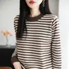 Suéter de malha de algodão puro outono nova cor bloco listrado gola redonda caimento solto estilo coreano versátil blusa de manga comprida para mulheres