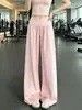 Calça Wide Leg Rosa de Cintura Alta para Mulheres, Estilo Verão Fino, Design Casual, Perna Reta, Versátil, Calça Esportiva de Cintura Alta para Yoga