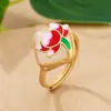 Anillo Vintage Estilo Chino Pétalo de Flor de Loto para Mujer, Elegante y Lujoso, Artesanía de Esmalte Chapado en Oro, Anillo Grueso de Dedo Dorado Mate