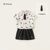 [Conjuntos de Ropa para Niños en Stock] Conjunto de Dos Piezas de Verano para Niñas, Vestido de Cuadros de Manga Corta con Dibujos Animados, Ropa Estilo Chino