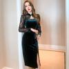 Moda Outono 2026 para Mulheres, Elegante e Estiloso Vestido de Veludo Slim-Fit com Patchwork de Renda e Fenda 4670
