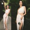 Shu Qi Mismo Estilo Vestido Blanco Sexy de Hombro Descubierto Diseño Vestido Midi con Abertura Vestido de Vacaciones para Mujer 1376