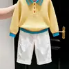 Ropa infantil coreana 2026 otoño e invierno nuevo estilo suéter de punto amarillo con cuello tipo polo texturizado pantalones casuales rectos blancos para niños