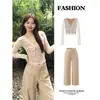 Pantalones casuales de pierna ancha color caqui y top de encaje con cuello en V para mujer, diseño estilo coreano, moda intelectual de nicho y discreta