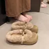 Novos Sapatos de Pelúcia de Inverno para Mulheres Uso Externo Aconchego Plus Veludo Estilo Birkenstock Fivela de Metal Retrô Bico Redondo Fundo Plano Chinelos de Algodão