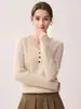 Suéter 100% Cachemir Puro para Mujer de Tres Botones con Cuello en V Simple para el Trabajo de Manga Larga Jersey de Punto Suave con Cuello Medio Abierto
