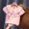 Camiseta de manga corta de algodón puro con cuello de encaje para niñas (verano 2024)