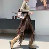 Nuevo Estilo Otoño 2026 Falda Larga de Mujer con Borlas, Encaje de Gamuza Asimétrico, Diseño en Capas y Acampanado