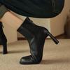 Saia Couro Botas Finas de Salto Alto 2024 Inverno Salto Grosso Bico Redondo Genuíno Elegante Versátil Couro Genuíno Fundo Macio Botas Curtas para Mulheres