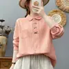 Camisa de manga larga divertida estilo japonés con cuello bordado para mujer, estilo artístico, algodón puro suave, agradable para la piel, top de gasa de algodón de doble capa