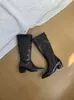 Versão com Aumento de Altura Interna~Botas de Cavaleiro Quadradas Retrô de Cano Alto Femininas Salto Grosso Zíper Traseiro Cano Reto Botas Longas Emagrecedoras Botas Femininas