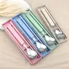 Cuchara Palillos Mango Cuadrado Paja de Trigo Acero Inoxidable Juego de Cubiertos Portátil Vajilla Infantil Hogar Regalo Estudiante
