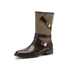 Botas de Media Pantorrilla para Mujer Estilo Británico Hebilla de Cuero Patchwork de Gamuza Otoño/Invierno 2026 Tacón Grueso Medio Punta Redonda Bloque de Color Piel Genuina