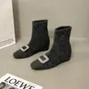 Nuevas Botas de Calcetín con Pedrería para Mujer, Nuevas Botas de Moda Otoño/Invierno con Tacón Grueso Negro, Botines Cuadrados, Botines Delgados de Gamuza