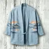 Nueva capa tipo kimono de algodón puro transfronteriza con hebilla, estampado digital 3D, camisa de manga tres cuartos, cárdigan holgado