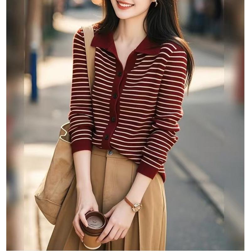 安可拉红色条纹翻领打底针织衫女2024秋季新款设计感慵懒长袖